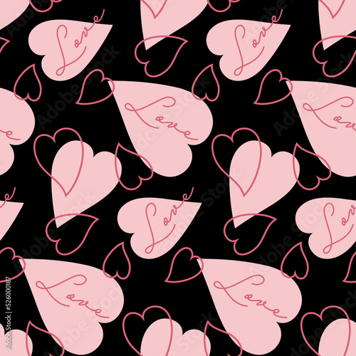 Pink heart and love on black background, contrast romantic seamless pattern