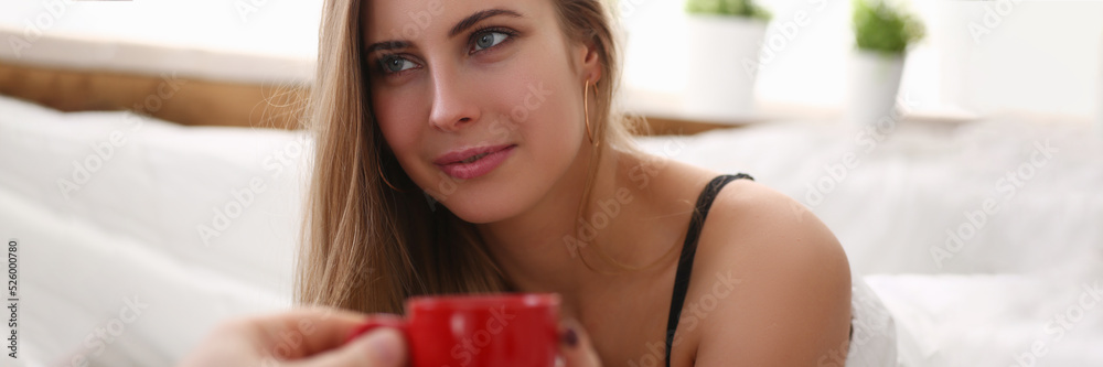 custom made wallpaper toronto digitalSmiling blonde is drinking cup tea with coffee early in while lying in bed