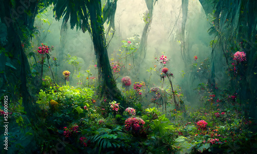 dreamy fantasy deep jungle lush vegetation, digital illustration