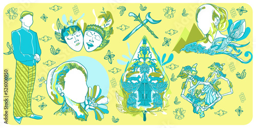 Set of center java culture images hand drawn in doodle style, contain of ladies dressing style, male costume, traditional mask, traditional dagger, and batik motif.