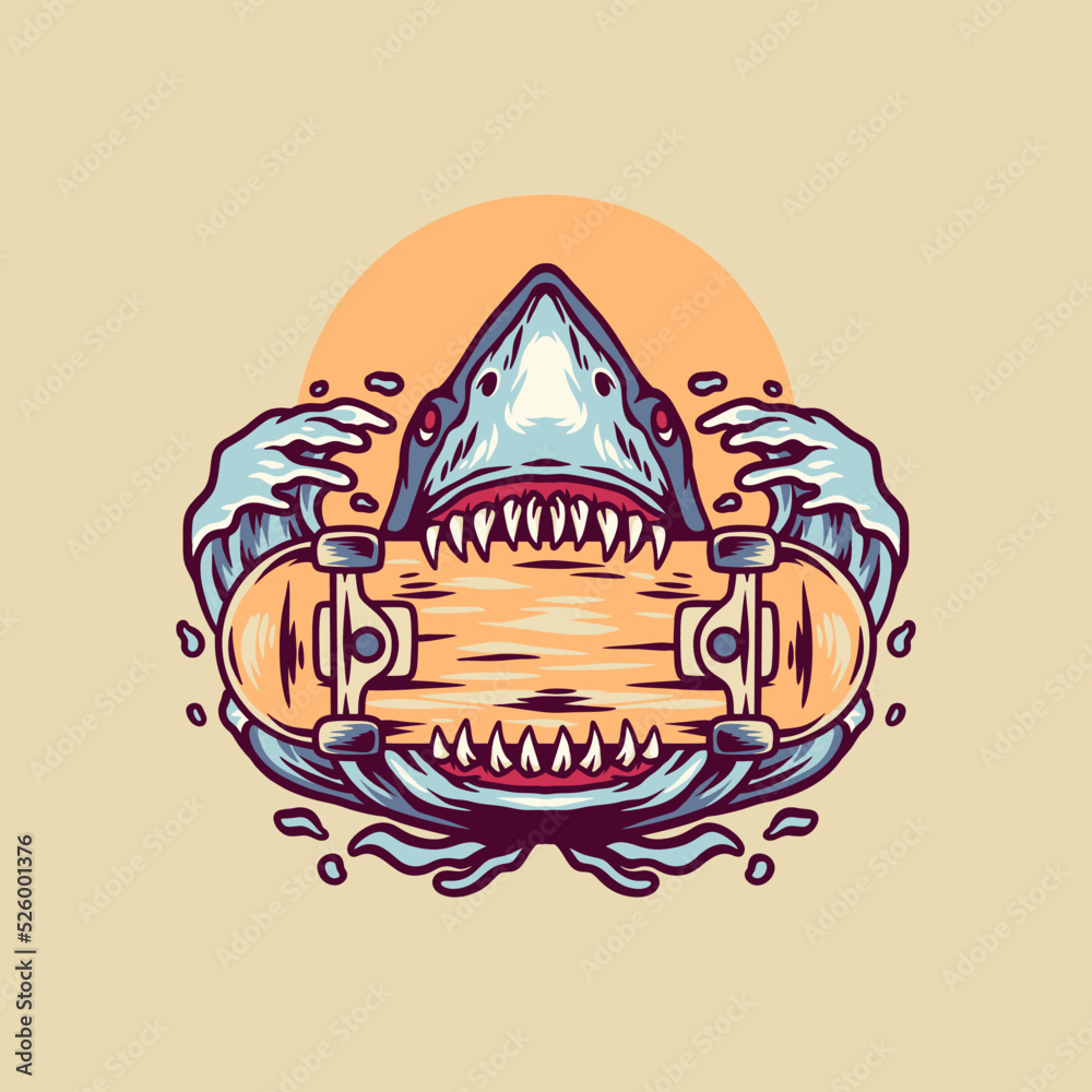 Shark And Skateboard Retro Illustration