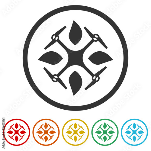 Smart farm with drone control icon. Set icons in color circle buttons