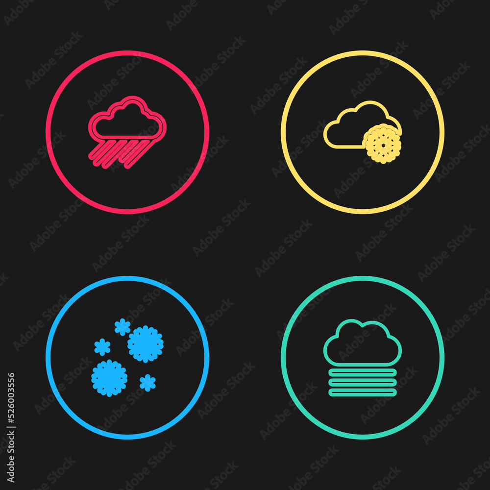 Set line Snow, Fog and cloud, Cloud with snow and rain icon. Vector