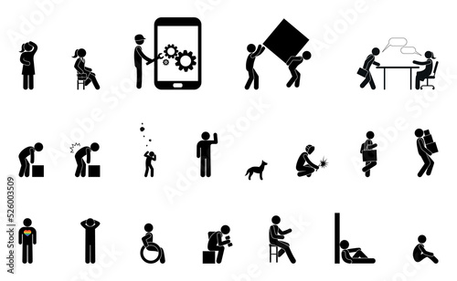 stick figure man icon, people in various poses and situations, set of human silhouettes