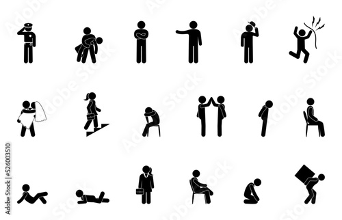stick figure man icon, people in various poses and situations, set of human silhouettes