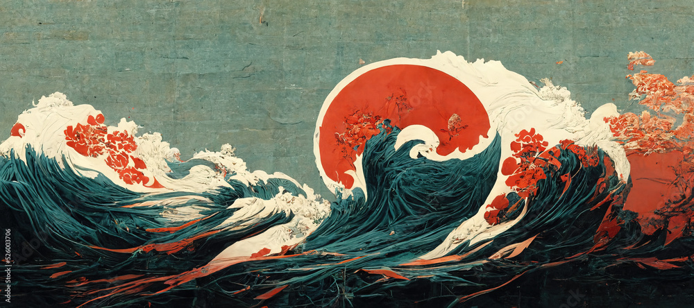 Abstract Hokusai style background. Waves, sea, pink sakura trees. - obrazy, fototapety, plakaty 