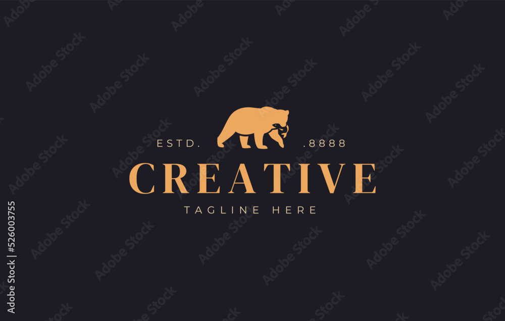 Bear Logo Design. Bear Catches a Salmon Silhouette Vector Animal