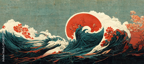 Abstract Hokusai style background. Waves, sea, pink sakura trees. photo