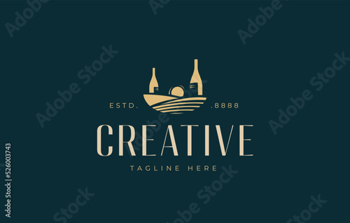 Organic Natural Vineyard Design Logo. Barn, Vineyard field, Farm Winery and Sunset Wine Bottle Warehouse Icon Template.