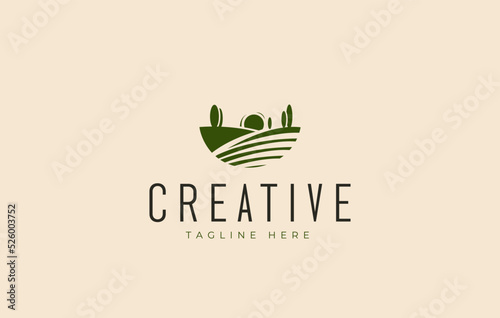 Green Plantations Logo Design. Hillside Sunscape Landscape Icon Template