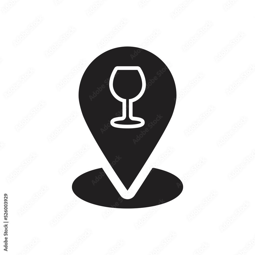 Bar location with wine glass icon, map pointer with glass design. isolated on white background. vector illustration