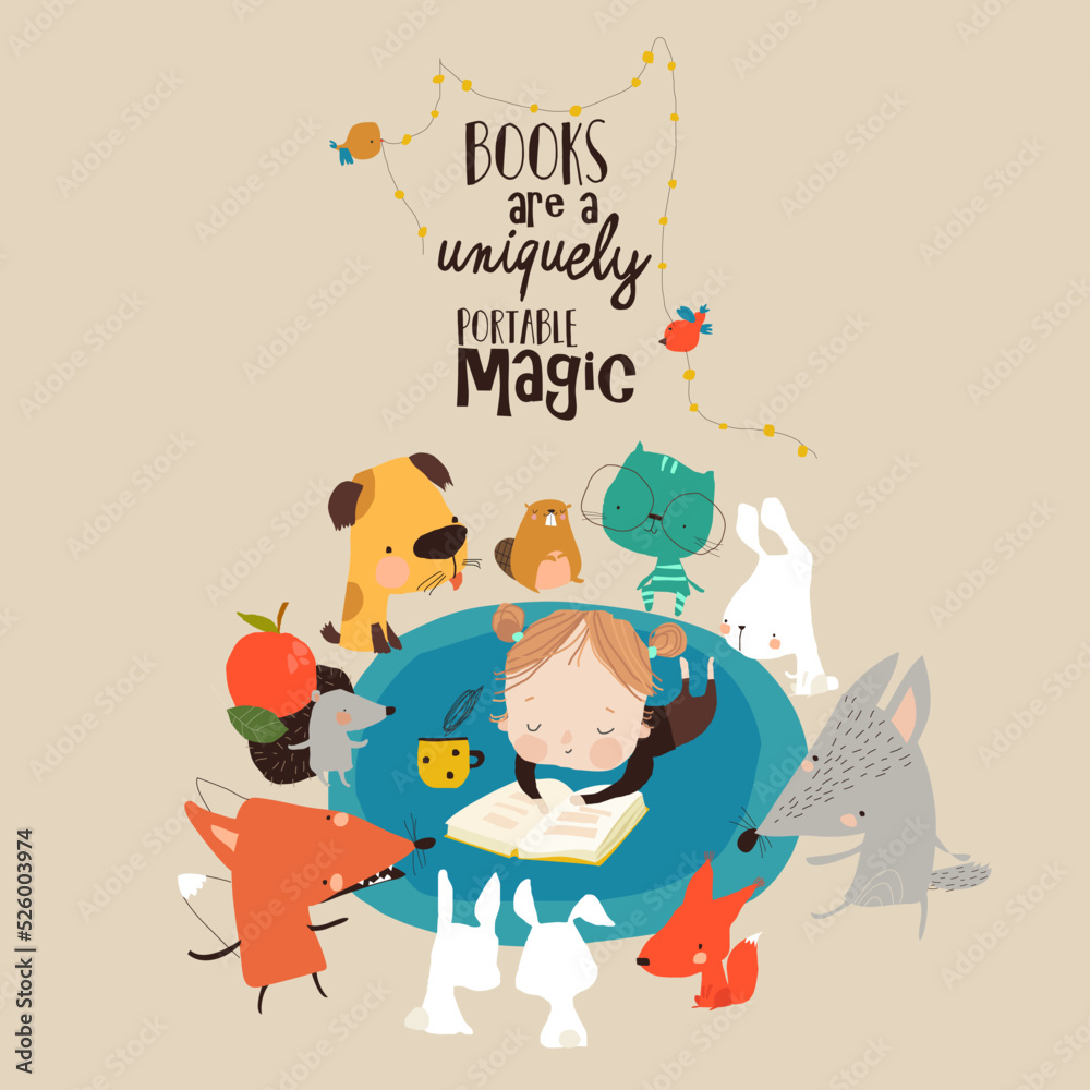 Cute Girl reading Book among Funny Animals Cute Girl reading Book among Funny Animals