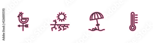 Set line Rooster weather vane, Sun protective umbrella for beach, Drought and Meteorology thermometer icon. Vector