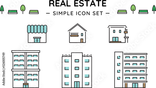 家・お店・マンション・ビルのシンプルな不動産アイコンセット　Simple real estate icon set of houses, stores, apartments and buildings
