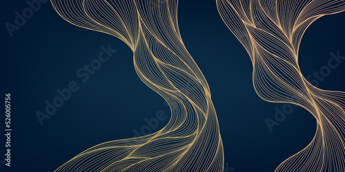 Vector abstract golden luxury pattern, lines background. Line arts wallpaper. Wavy art deco texture for print, fabric, packaging design. Laves, organic, landscape art in japanese style.