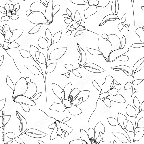 Vector flower linear seamless background, flowers and leaves one, continuous line pattern, hand drawn style. Monoline doodle.