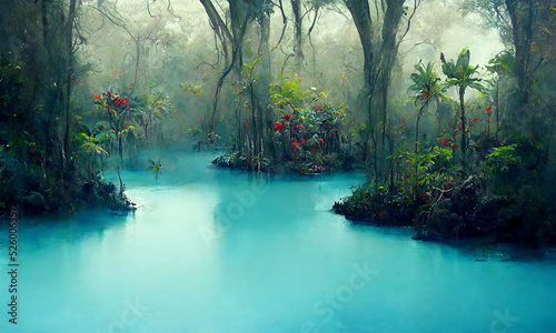 Fotografiet fantasy  hidden blue lagoon in the tropical forest, digital illustration