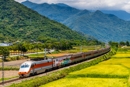 Tze-Chiang Limited Express trains through the beautiful countryside of Taitung, Taiwan.