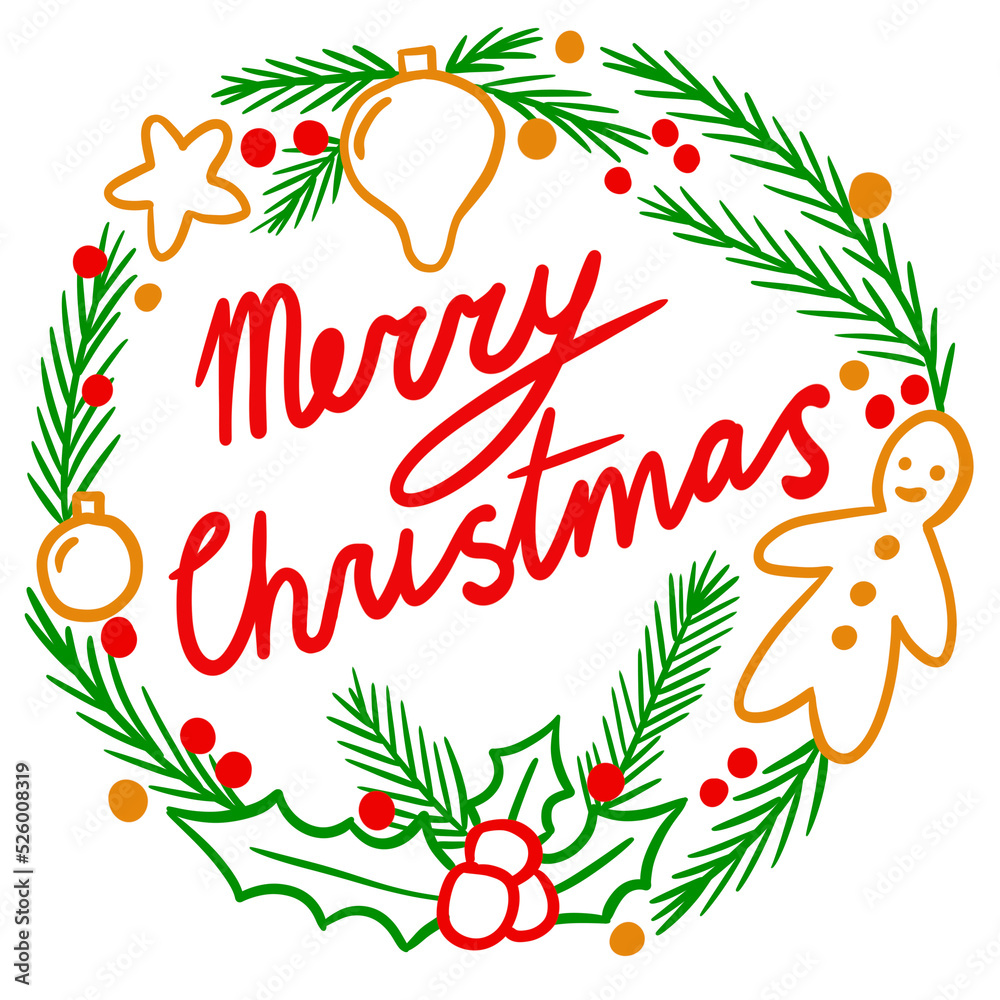 Obraz premium Round circle hand drawn illustration with happy holidays greeting in merry christmas wreath. Green fir tree branches holly berries cookies gingerbread man. Winter december invitation poster .