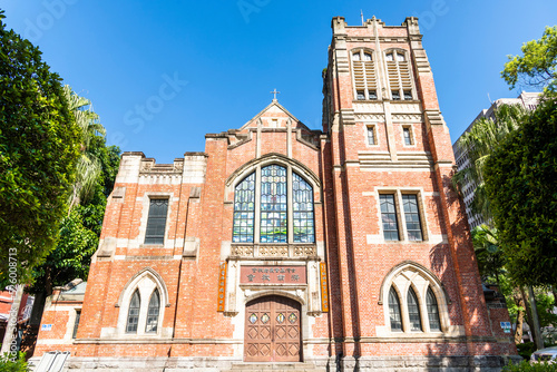 Building view of the Presbyterian Church in Taiwan Zhongzheng Church(chi-nan church), Taipei. The form adopts a brick church style from the British Victorian era.