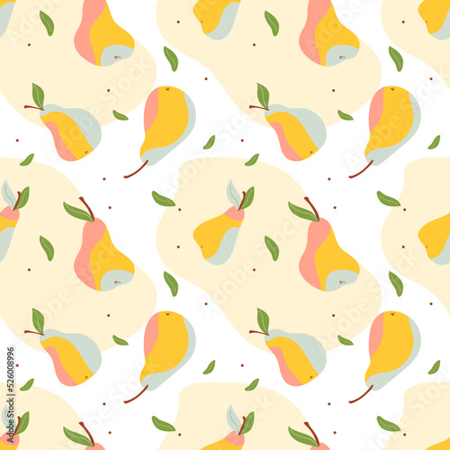 Pear pattern. Seamless pear pattern with colored pink and gray spots for a package or fabric print. Summer seamless vector with yellow fruit and leaf green. 