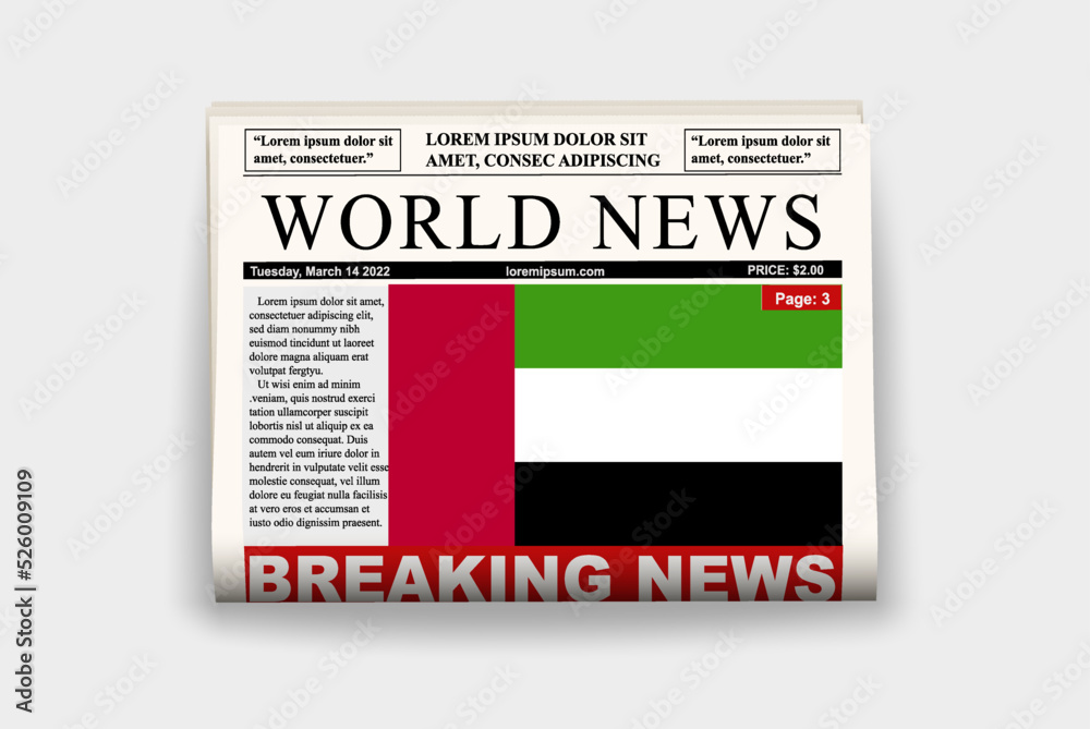 Obraz premium UAE country newspaper with flag, breaking news on newsletter, news concept, gazette page with headline