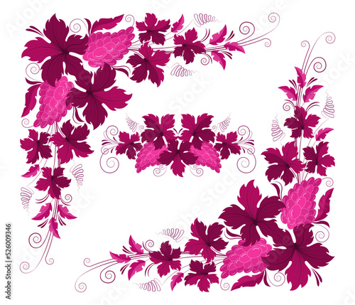 Grape branches, leaves and bunches of grapes in vintage style. Set of design elements for the concept of growing grapes and making wine. Set of vector vintage patterns in red wine color.