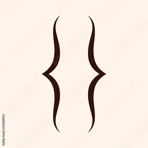 Double curly brackets. Maths thick braces pair, symmetric punctuation symbol for quotes, mathematics. Vintage typography curled mark, pointed angled sign. Isolated flat vector illustration