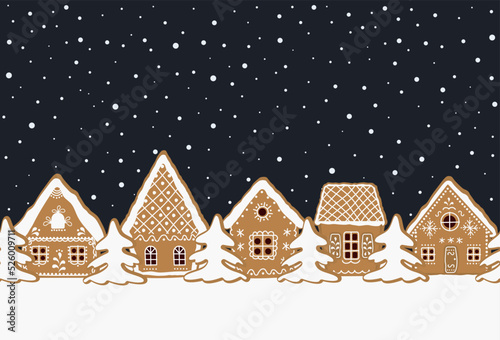 Christmas background. Gingerbread village. Seamless border. Fairytale winter landscape. gingerbread houses and fir trees on a dark blue background. Greeting card template. Vector