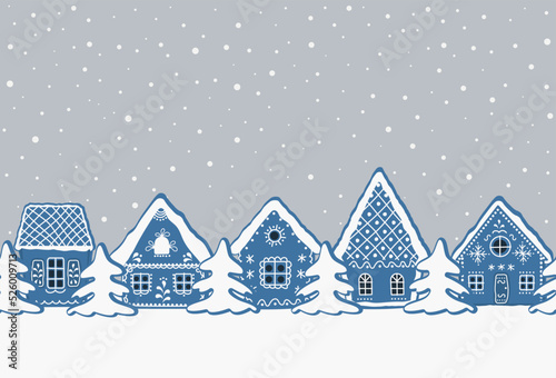 Christmas background. Gingerbread village. Seamless border. winter landscape. blue gingerbread houses and fir trees on a gray background. Greeting card template. Vector