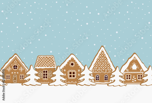 Christmas background. Gingerbread village. Seamless border. gingerbread houses and fir trees on a blue background. Greeting card template. Vector illustration