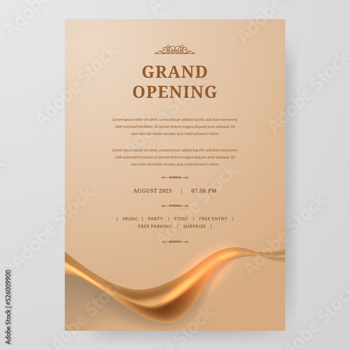 Grand Opening poster celebration with golden fabric satin gold silk ribbon element decoration for luxury elegant vip with golden background