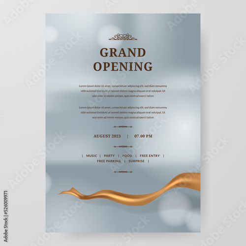 Grand Opening poster celebration with golden fabric satin gold silk ribbon element decoration for luxury elegant vip with silver bokeh background