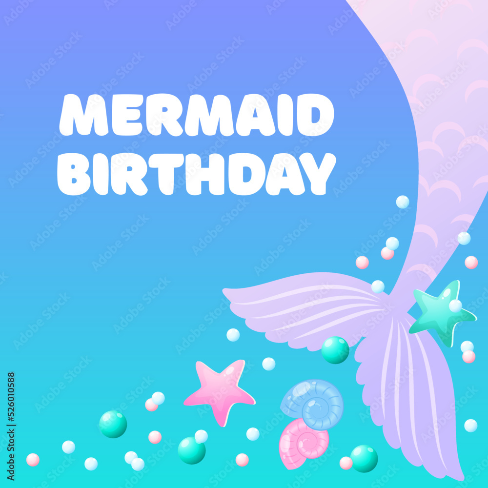 Mermaid birthday. Cute background decorated with of mermaid tails, shell, pearls and star fish. Vector 10 EPS.
