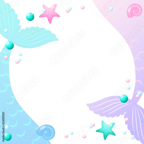 Under the sea frame. Cute background decorated with of mermaid tails, shell, pearls and star fish. Vector 10 EPS.
