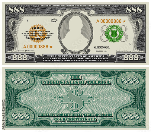 Vectoe fictional obverse and reverse of a gold certificate with a face value of 888 dollars. US paper money. William Henry Harrison