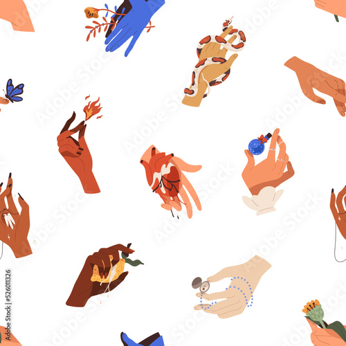 Seamless esoteric mystic pattern. Witch hands with occult creepy symbols repe...