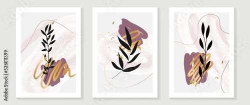 Set of foliage wall art background vector. Luxury wall decoration design with gold foil texture, leaf, watercolor, circle shapes. Design for interior, prints, cover, and postcard, wallpaper.
