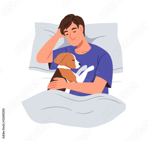 Happy person sleeping with dog in bed. Pet owner and cute doggy asleep at night. Man dreaming together with canine animal on pillow under blanket. Flat vector illustration isolated on white background