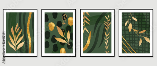 Set of foliage wall art background vector. Luxury wall decoration design with gold foil texture, leaf, watercolor, circle shapes. Design for interior, prints, cover, and postcard, wallpaper.