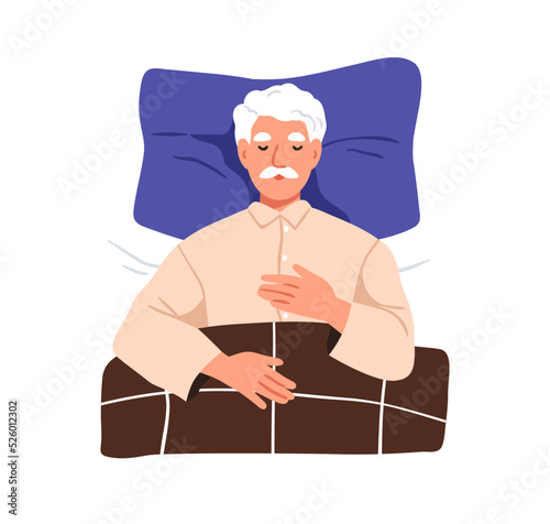 Old person sleeping in bed. Senior man dreaming, lying on back on pillow, top view. Grandfather asleep under duvet. Elderly grandpa napping alone. Flat vector illustration isolated on white background