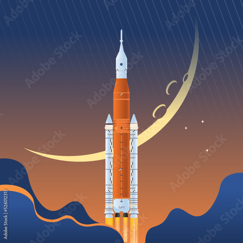 Artemis rocket vector illustration, 322 feet model SLS Block 1 Crew. Space launch system lift off launch to the moon. Artemis 1 exploration mission. photo