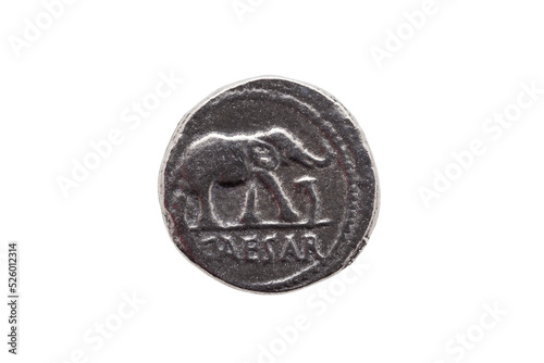 Silver Roman denarius coin replica of Roman emperor Julius Caesar celebrating his conquest of Gaul obverse showing an elephant, png stock photo file cut out and isolated on a transparent background photo