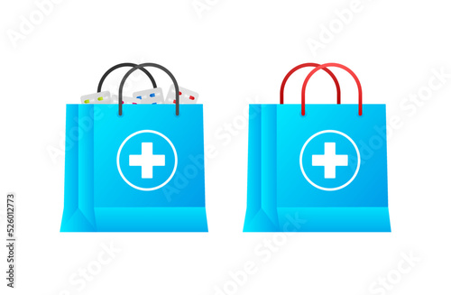Medical shop bag in flat style. Online shopping. Pharmacy, drug store