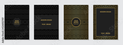 Cover set, vertical ethnic templates. Collection of embossed black backgrounds with 3d pattern, original geometric texture with gold. Decorative ornamental tribal design and decor.