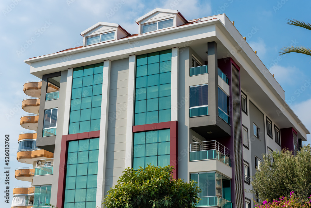 Low angle view of an apartment building with balconies. Low angle view of an apartment building with balconies.
