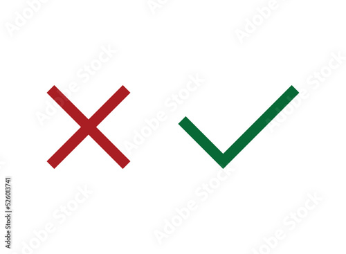 Check mark icons for web. Checkmark X symbols on white isolated background. Check mark signs in green and red colors.