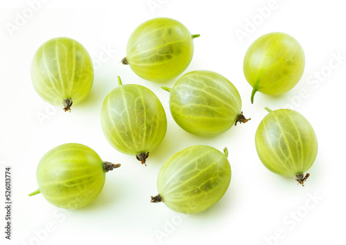 Green gooseberry isolated on white background. Set of ripe green gooseberry berries with clipping path. Top view.
