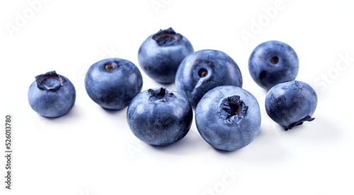 Blueberry isolated on white background. Closeup group of fresh ripe blueberries.