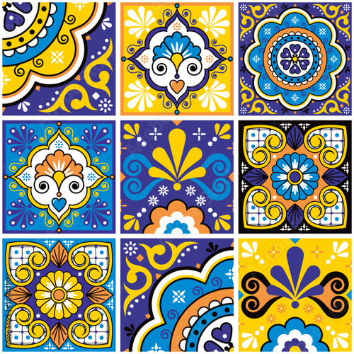 Mexican talavera tiles vector seamless pattern with flowers leaves, hearts and swirls in yellow and blue - big set, repetitive design styled as Mexican ornamental tiles
